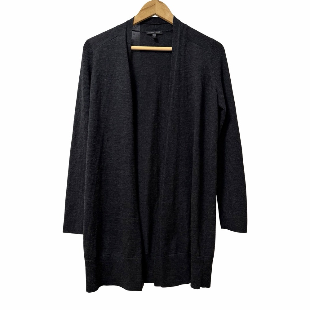 Eileen Fisher 100% Merino Wool Open Cardigan Size XS Grey Longline Cozy Capsule